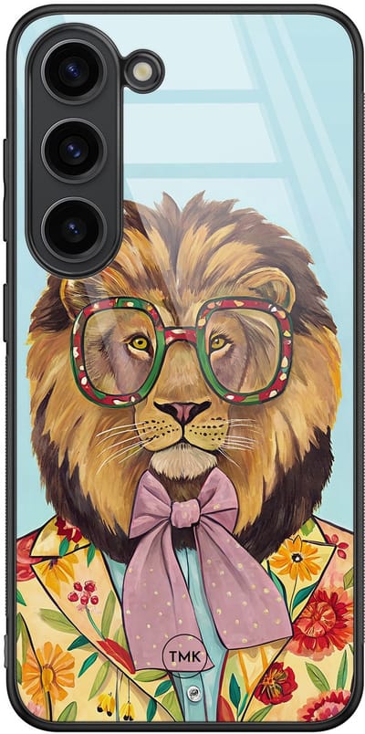 Hoesje geschikt voor Samsung Galaxy S23 - Retro leeuw - Multi, Blauw - TPU luxe case (glossy toplaag) - Print - Hardcase backcover zwart