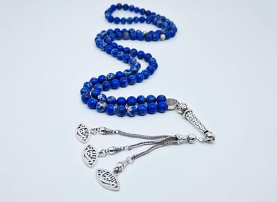 Handgemaakte tesbih "Tasbih" natuursteen " Lapis Lazuli" - Aantal kralen 99 - Diameter kralen 8MM - met metaal tassel "Ogen" - Een mooi cadeau-idee