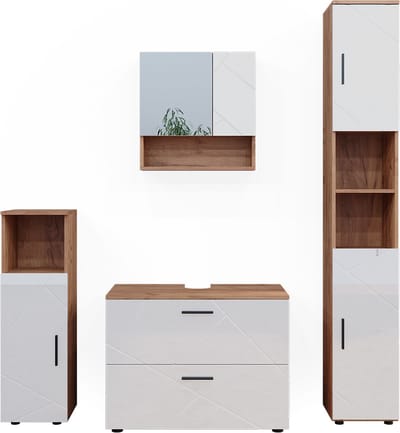 Vicco Irma Badkamermeubelset – 4 delen, met ladeblok en hoge kast Wit hoogglans/goud power eiken