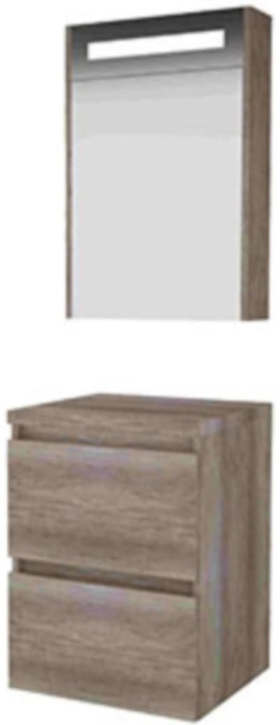 Basic-Line Premium 46 Badkamermeubelset - 50 x 46 cm - Greeploos - 2 Lades - Wastafelblad - Spiegelkast met LED Verlichting - Scotch Oak
