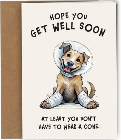 Grappige Beterschap Kaart - Hond Met Kegel - Iemand Opvrolijken - Uniek Ontwerp - A4 Gevouwen A5 - Volledige Kleur