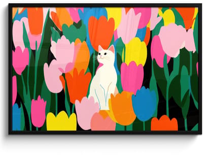 Poster in lijst - Fotolijst 120x80 cm - Posters - Tulpen - Kat - Kleurrijk - Posterlijst zwart - Decoratie - Wanddecoratie woonkamer - Muurdecoratie slaapkamer