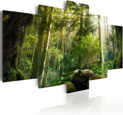 Schilderij - De Schoonheid van het Bos, 5luik , groen , premium print op canvas
