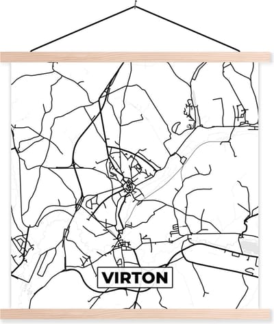 Posterhanger incl. Poster 40x40 cm - Schoolplaat - Kaart – Plattegrond – Stadskaart – Virton – België – Zwart Wit - Textielposter - Blanke latten - Stadskaart