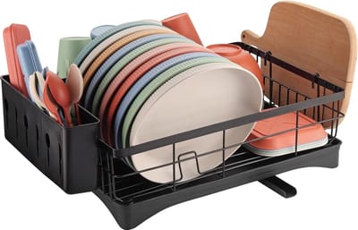 Zwarte afdruiprek met bestekhouder en lekbak, spoelbakorganizer, vaatdroogrek (42 x 32 x 14 cm)