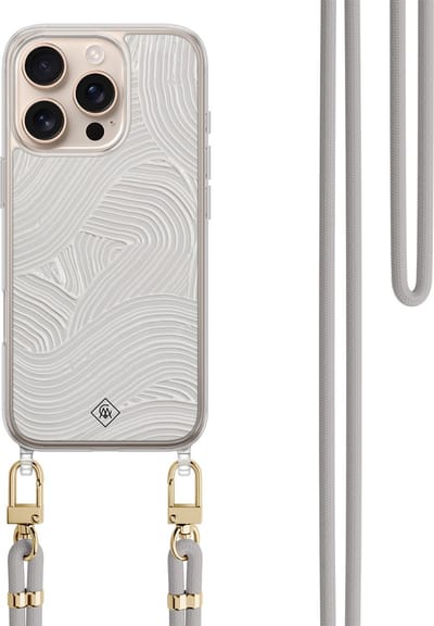 Casimoda® hoesje met koord - Geschikt voor iPhone 16 Pro - Abstract Waves - Afneembaar koord - TPU/polycarbonaat - Grijs