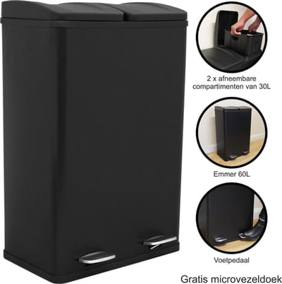 Dubbele Pedaalemmer - Zwart - Twee compartimenten - 60 liter algehele capaciteit - Recycling Prullenbak