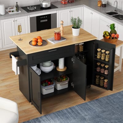 Sweiko Keukenkast - Dressoir - Eettafel - Met wieltjes - Opvouwbaar tafelblad - Houtnerf - Zwart + Naturel