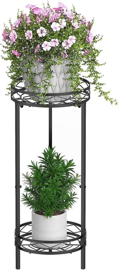 Metalen plantenstandaard voor binnen, 2-traps hoge bloemenstandaard, plantenstandaard, 70 x 29 cm, bloempotstandaard, bloempothouder voor tuin, terras en wooncultuur, zwart