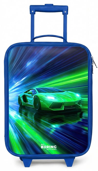 NoBoringSuitcases.com® - Kinderkoffer blauw - Kindertrolley jongen - Raceauto - Felgroen - Lichtstralen - Snelheid - Koffer kind lichtgewicht - Reiskoffer trolley voor kinderen - Koffertje met lichtgevende wieltjes - Rolkoffer