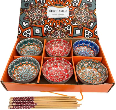 Winkrs - 6 Boheemse Schaaltjes/kommen set met Stokjes - Mandala - Servies set 6 Boho kommetjes voor rijst, yoghurt, soep, saus etc. Rood/groen/oranje Keramiek