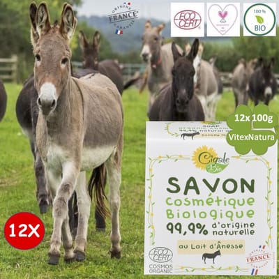 Cigale Bio, Biologische ezelinnenmelk zeep 12x100g Zonder conserveermiddel. Geschikt voor, droge huid, psoriasis, acne, eczeem en dermatitis. Diervriendelijk