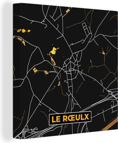 Canvas Schilderij Black en gold - Stadskaart - Le Rœulx - Plattegrond - Kaart - 20x20 cm - Wanddecoratie