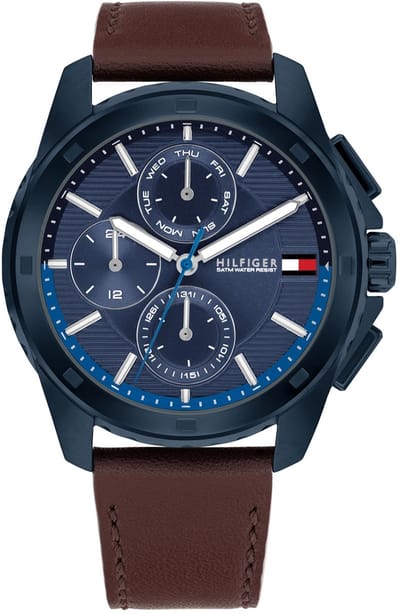 Tommy Hilfiger TH1710632 WALKER Heren Horloge - Mineraalglas - Staal/Leer - Blauw/Bruin - 44 mm breed - Quartz - Gesp - 5 ATM (douchen)
