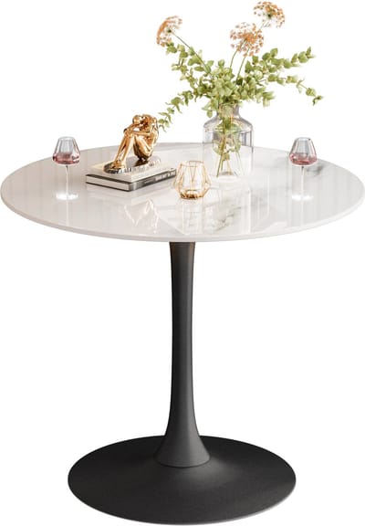FATIVO Ronde Eettafel - 76 x 76 x 78.5cm - Keukentafel Voor 2-3 Personen - Marmerlook - Jade wit & zwart