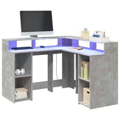 vidaXL - Bureau - met - LED-verlichting - 130x130x91 - cm - hout - betongrijs