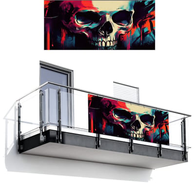 Balkonscherm 200x90 cm - Balkonposter Schedel - Abstract - Rood - Blauw - Graffiti - Balkon scherm decoratie - Balkonschermen - Balkondoek zonnescherm