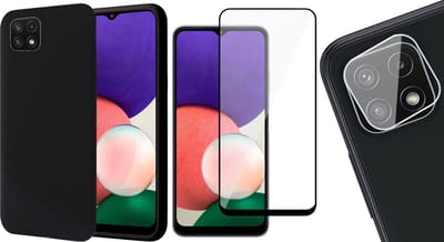 Hoesje geschikt voor Samsung Galaxy A22 5G - Backcover Zwart - Full Screenprotector - Camera Screen Protector - Fluweelzacht Hoesje