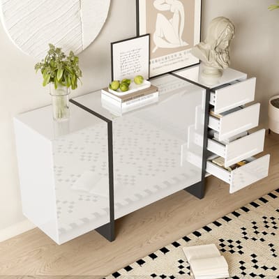 STILVORA Dressoir - Hoogglans Met 2 Deuren En 4 Laden - Voor Woonkamer En Eetkamer - MDF En Spaanplaat - 150x40x80,5 Cm - Wit