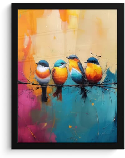 Poster in lijst - Fotolijst 30x40 cm - Posters - Vogels - Kleurrijk - Tak - Abstract - Posterlijst zwart - Decoratie - Wanddecoratie woonkamer - Muurdecoratie slaapkamer