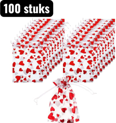 100 stuks - Cadeauverpakkingen - Cadeauzakjes - Verpakking 8x10cm - Rode Organza Cadeauzakjes - Rode hartfolie print, geschikt voor Valentijnsdag en Kerstmis - Rood