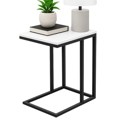 Lomera Bijzettafel Metaal - Wit Gemarmerd - Zwart Metalen Frame - Wit Mdf Tafelblad - Afgeronde Hoeken - Stelpootjes - Banktafeltje - Tafelblad - Woonkamer Tafel - Modern Design - Compacte Bijzettafel