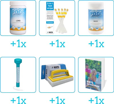 Zwembad Onderhoudspakket - Onderhoud Zwembad - bevat Chloor - Testrips - Chloor - Thermometer - Scrubborstel en Zwembadgids (6-delig)