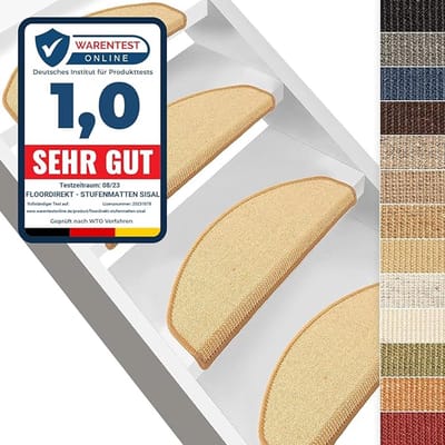 FLOORDIREKT Sisal-Trapmat - Premium - Zelfklevend - Halfrond - Natuur - 23,5 x 65 cm