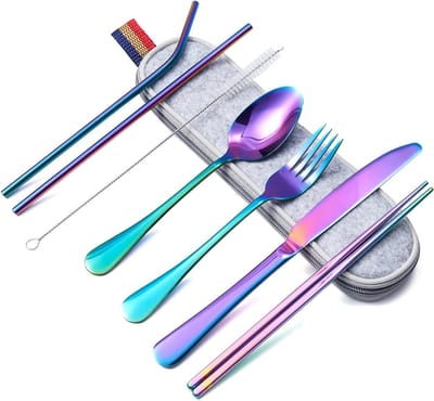 Reisbestek Set van 8 voor 1 Persoon, Geschikt voor Picknicks en Kamperen, Vaatwasserbestendig, Inclusief Mes, Vork, Lepel, Eetstokjes, Schoonmaakborstel, Rietje en Draagtas