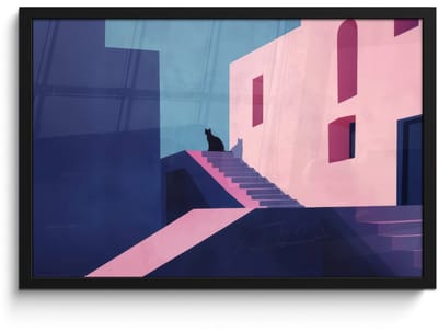 Poster in lijst - Fotolijst 60x40 cm - Posters - Kat - Trap - Gebouwen - Schaduwcontrasten - Posterlijst zwart - Decoratie - Wanddecoratie woonkamer - Muurdecoratie slaapkamer