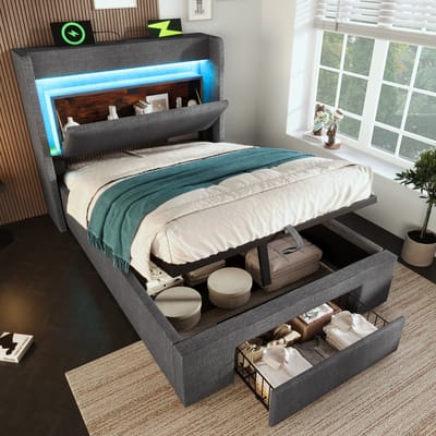 90x200 cm gestoffeerd bed met opbergruimte - met LED-verlichting en USB- en USB-C-aansluitingen - grijs - zonder matras