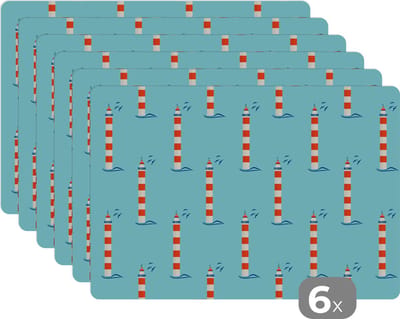 Placemat - Placemats kunststof - Vuurtoren - Blauw - Strand - Patronen - 45x30 cm - 6 stuks - Hittebestendig - Anti-Slip - Onderlegger - Afneembaar