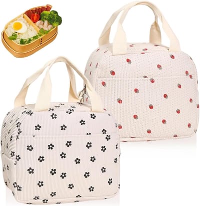 Isolerende Lunchtas Set van 2, Zwart en Aardbeienpatroon, Koeltas met Zijvakken voor Gezinnen en Picknicks, Ideaal voor School en Werk