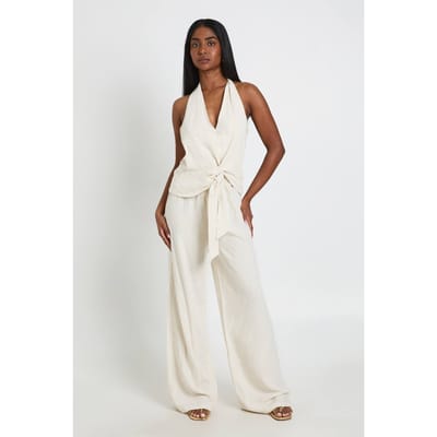 boohoo Dames Halter Linnen-look Jumpsuit Met Wijde Pijpen En Knoopdetail Vooraan | Steen | Maat: 36