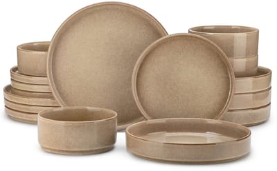 Home & Beyond® 16-Delige Stoneware Serviesset voor 4 Personen - Dinerborden, Dessertborden, Diepe Borden en Kommen - Beige/Zandkleur