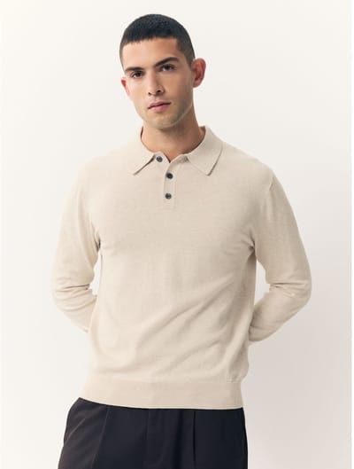 Next - Heren - Normale Pasvorm - Katoenrijk gebreid poloshirt met lange mouwen - Naturel