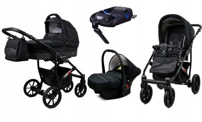 BabyLux® Kinderwagen 4in1 – LARGO - WHITE DOTS BLACK FRAME - Opklapbare Wandelwagen incl. Reiswieg, Multifunctionele Buggy Sportstoel, Autostoel, ISOFIX basisstation - Combi-kinderwagen met Luiertas, Regenhoes, Klamboe