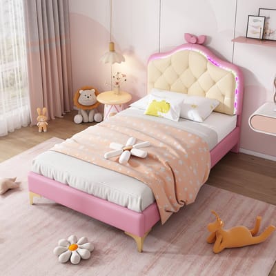 HAUSS SPOLE Gestoffeerd Bed 90x200 - Kinderbed Met Boogvormig Hoofdbord En LED - Met Lattenbodem - Kunstleer - Roze