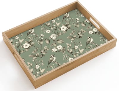 Dienblad hout 40x30 cm - Schootdienblad - Botanisch - Vogels - Groen - Borrelplank rechthoek - Plateau dienbladen