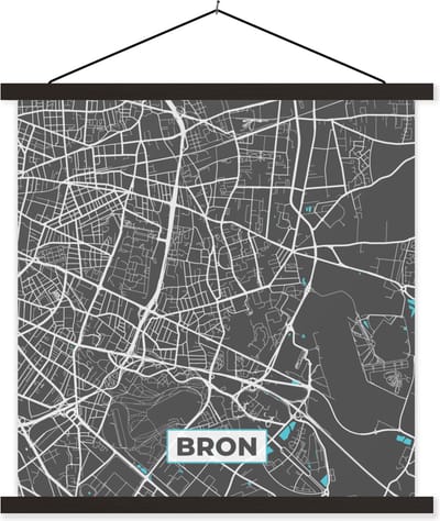 Posterhanger incl. Poster 60x60 cm - Schoolplaat - Bron - Frankrijk - Plattegrond - Kaart - Stadskaart - Textielposter - Zwarte latten - Stadskaart