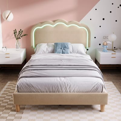 STILVORA Gestoffeerd Bed - 101x197 cm - Eenpersoonsbed Met LED Hoofdbord - Stevig Bedframe Voor Kinderkamer Of Logeerkamer - Linnen Beige