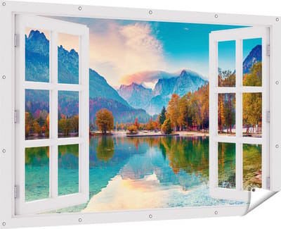 Gards Tuinposter Doorkijk Meer - 180x120 cm - Tuindoek - Tuindecoratie - Wanddecoratie buiten - Tuinschilderij
