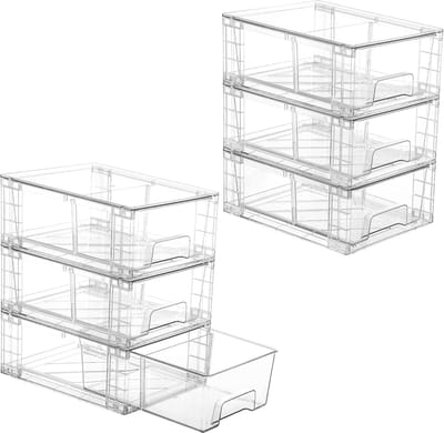 Famanu - Stapelbare Opbergladen 6-pack, doorzichtige acryl organizer met handgrepen, eenvoudig te monteren opbergsysteem voor koelkast, badkamer, kast en voorraadkast