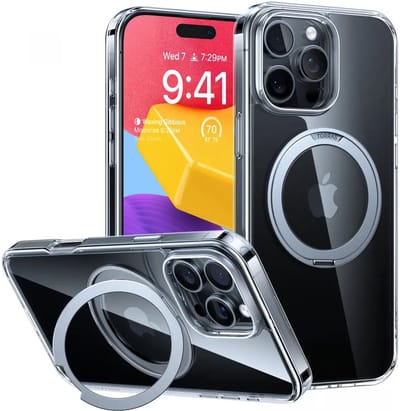 TORRAS Hoesje Geschikt voor Apple iPhone 16 Pro Max - UPro Ostand Pro - Compatibel met MagSafe - Back Cover met Magneet - 360° Draaibare Ring Standaard - Transparant