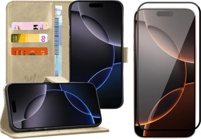 Hoesje geschikt voor iPhone 16 - Screenprotector Volledig Dekkend Glas - Portemonnee Book Case Goud