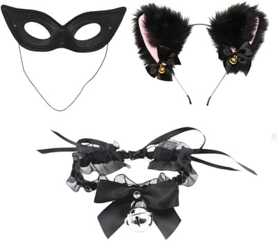 Dailygoods- Kattenoortelefoon - Zwart Cosplay Kostuum - Oogmasker - Klokhalsband - Pluche - Geschikt voor Rollenfeesten