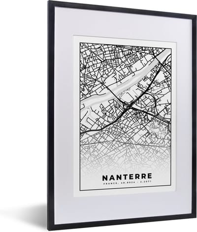 Fotolijst incl. Poster Zwart Wit- Plattegrond - Nanterre - Kaart - Frankrijk - Stadskaart - Zwart wit - 30x40 cm - Posterlijst