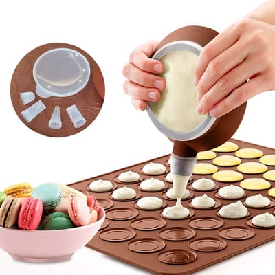 Bakmat, anti-aanbak bakmat voor macarons met 48 gaten, cakevorm, kook- en bakset met 1 decoratiepen en 4 spuitmonden voor macaron, cupcake, dessert