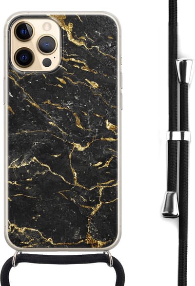 Hoesje met koord - Geschikt voor iPhone 12 - Marmer zwart goud - Verstelbaar zwart koord - Zwart, Transparant, Goud - Marmer - Leuke Telefoonhoesjes