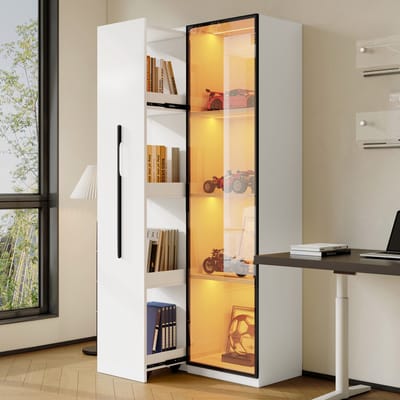 MEUNIQ multifunctionele kast 70 x 40 x 160 cm, boekenkast en vitrine met glazen deur, uitschuifbaar zijrek op wielen, LED-verlichting, wit
